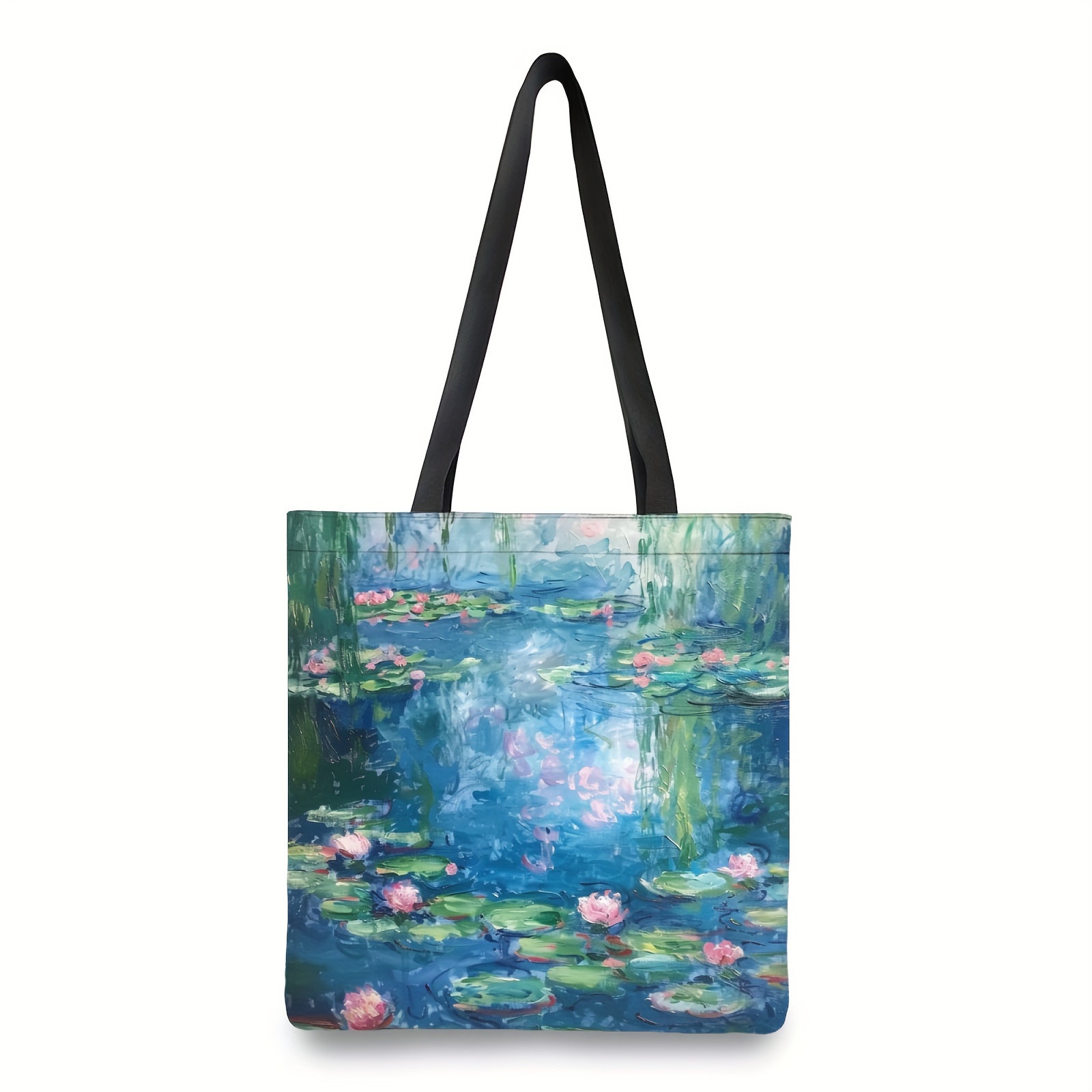 

1pc, Water Lilies Monet Pattern Tote Bag, Perfect Handbag Reusable Large Capacity Women Shoulder Handbags Casual Canvas Tote Bag Heavy Duty For Shopping Grocery Travel Outdoor