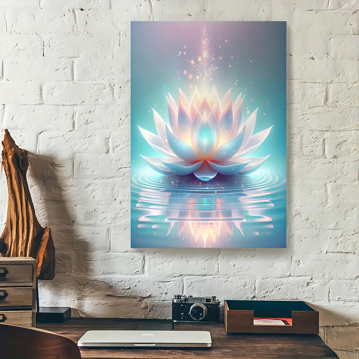 

1pc Luminous Lotus Flower Canvas Wall Art With Wooden Frame, Reflective Water Illusion Print For Home & Office Decor, Perfect For Bachelor Party & Festive Occasions - 11.8" X 15.7