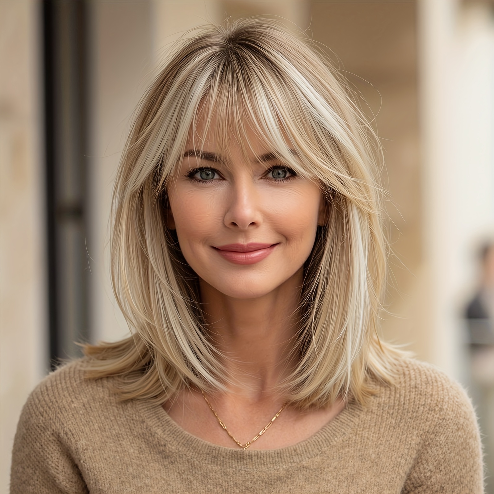 E-shop 16-Zoll Damen-Perücke, blond, hellaschblond mit Strähnen, luftiger Pony, Schlüsselbein-Bob, maschinell hergestellte synthetische