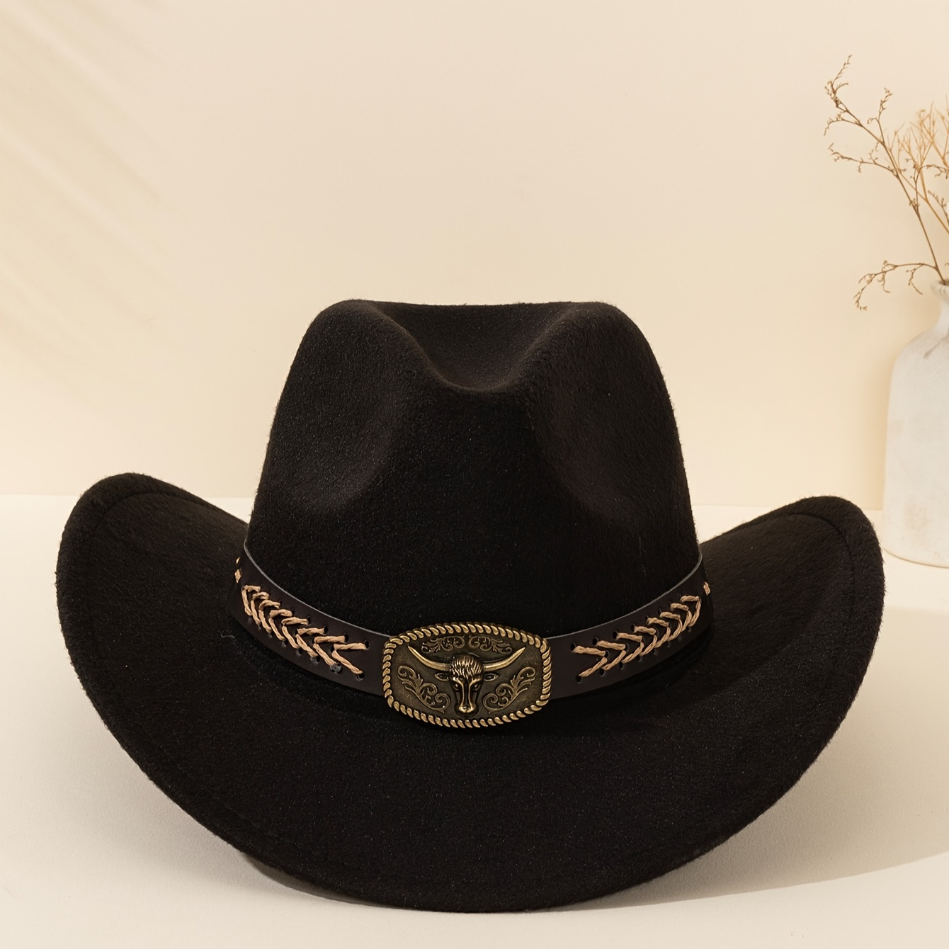 

Western Cowboy Hat With Removable Bull Headband, Hand Washable Polyester Felt , , Non-stretch, Ideal Christmas Gift