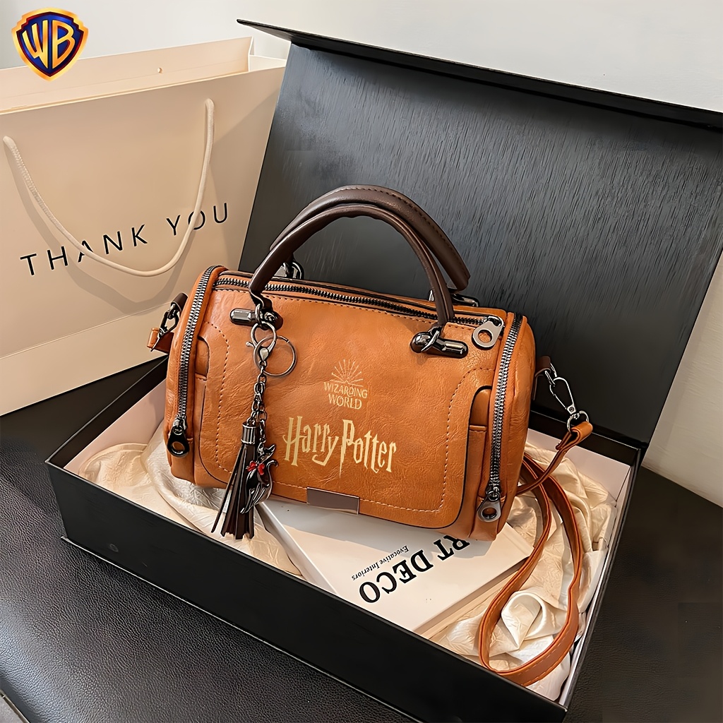 TEMU 1pc Wb Harry Potter Magical World Golden Logo Women's Fashion Retro Single Shoulder Crossbody Bag, Boston Bag Cylinder Bag, Multi-zipper