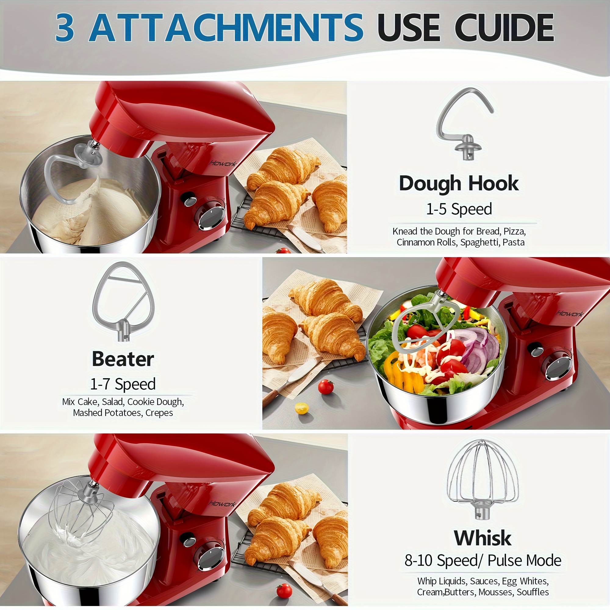 HOWORK 10-Speed 5L Electric Stand Mixer with Attachments