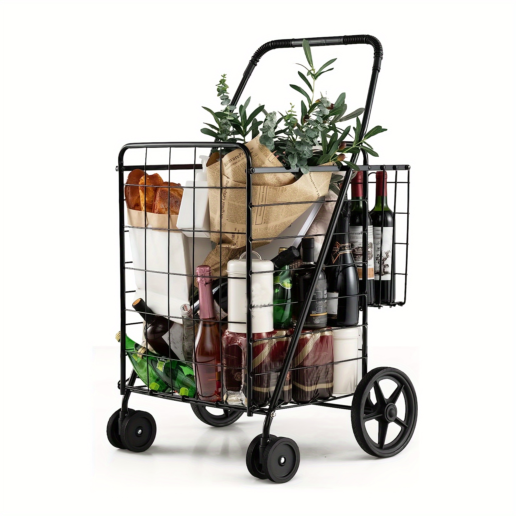Carrito de compras plegable, carrito plegable de dos niveles con una caja,  carrito utilitario resistente con ruedas giratorias giratorias de 360°
