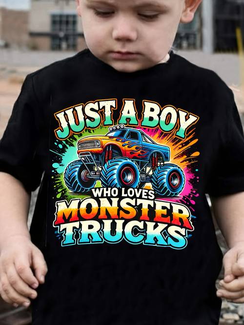 tx31220 boy just a boy who monster trucks truck round neck t shirt
