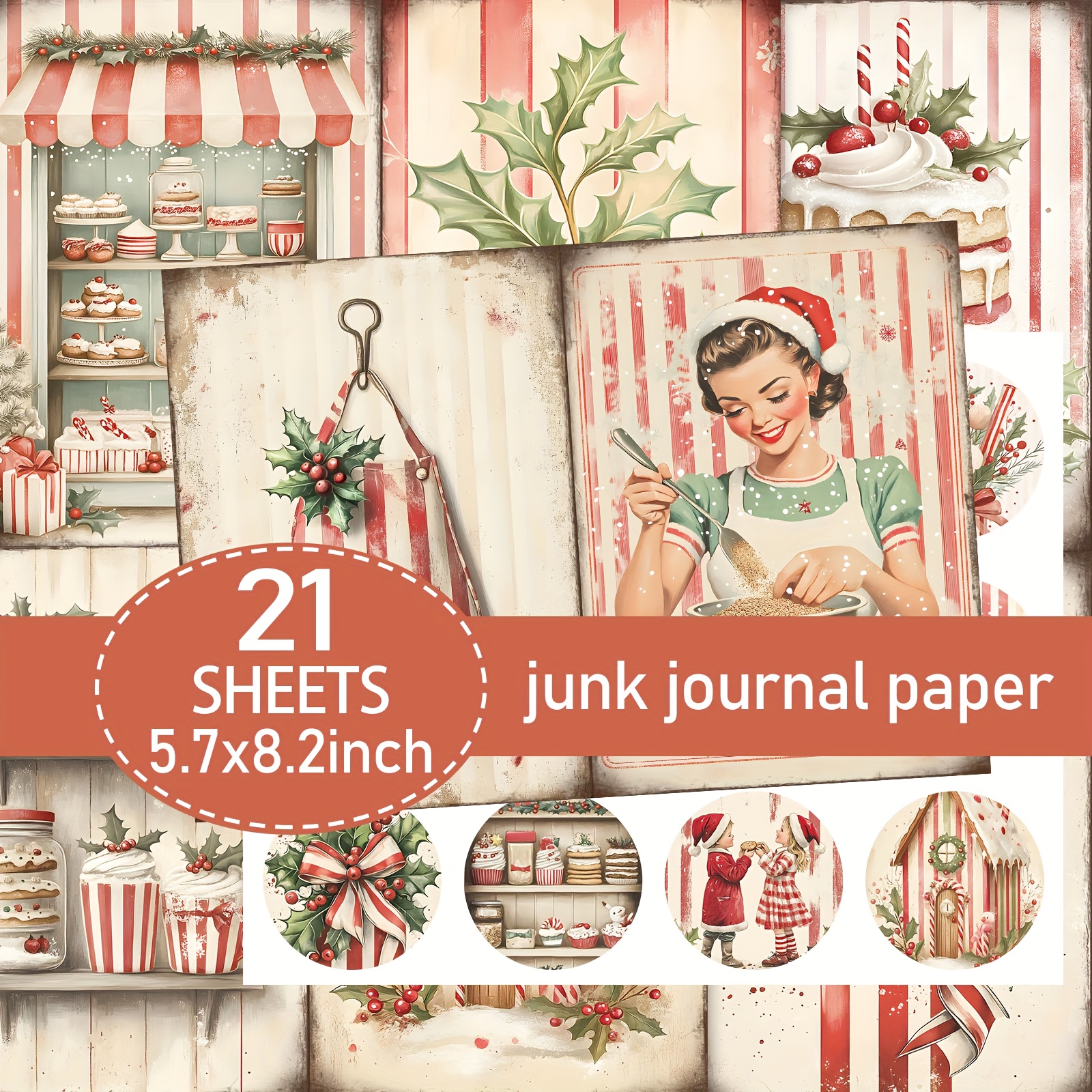 TEMU 21 Sheets (paper Stickers) A5, Vintage Striped Christmas Style Paper Set, Circus Waste Journal Paper, Handmade Waste Diary And Decorative Paper,
