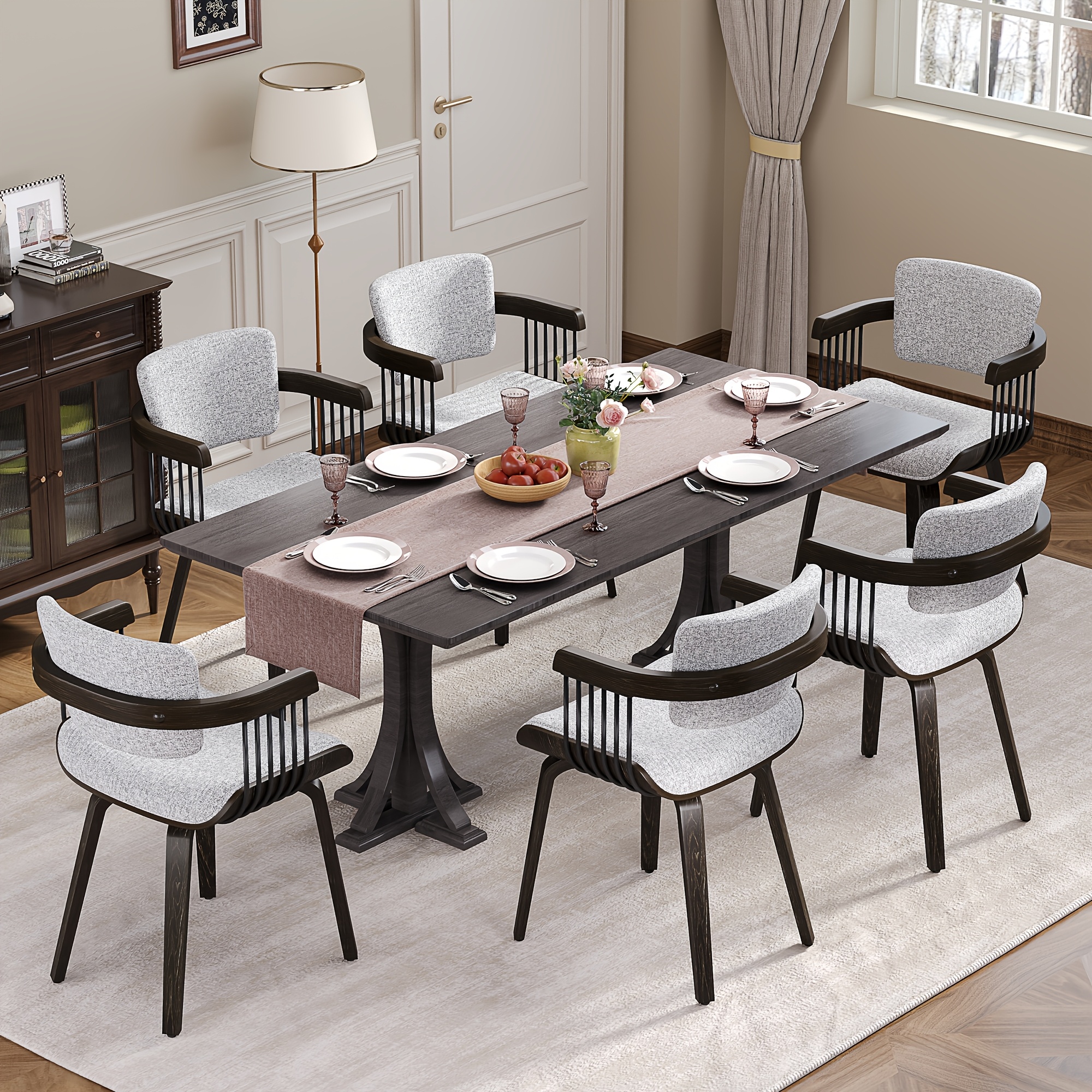 Two Ergonomic Wooden Dining Chairs, Curved Bentwood Backrest And Seat, High-Density Foam Cushion, Modern Semi-Armrest Kitchen Chair