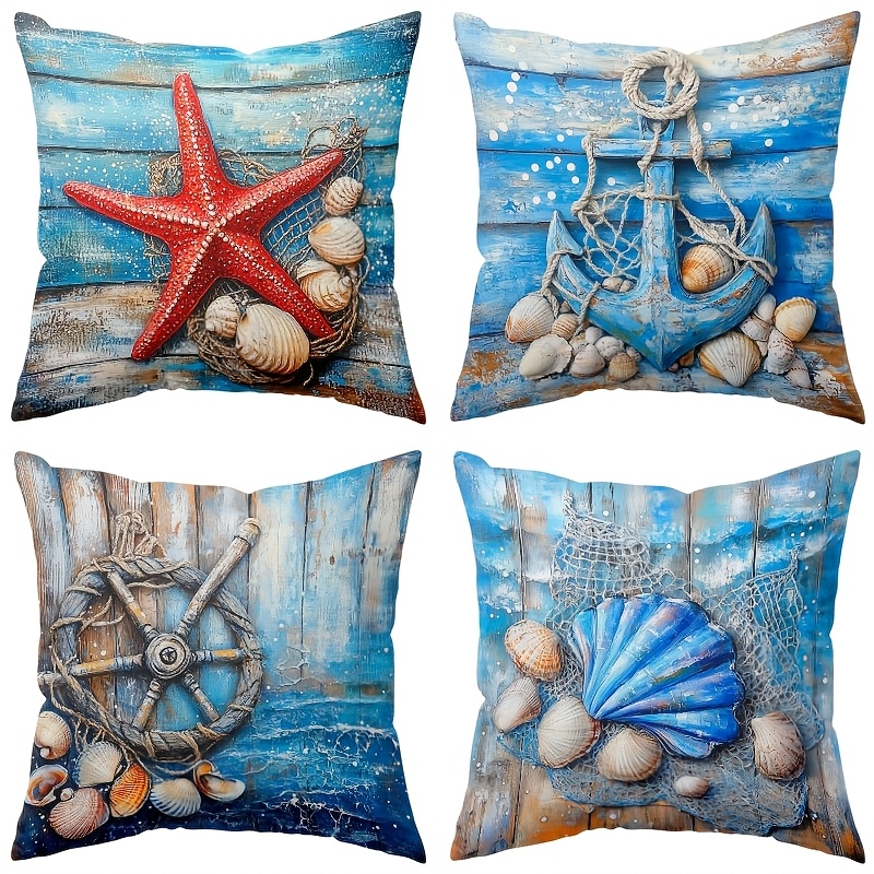 

4-pack Ocean-inspired Pillow Covers, 18x18 Inch, Starfish, Shells & , Contemporary Printed Polyester Cushion Cases With Zipper, Machine Washable, Woven Decor For Living Room Sofa