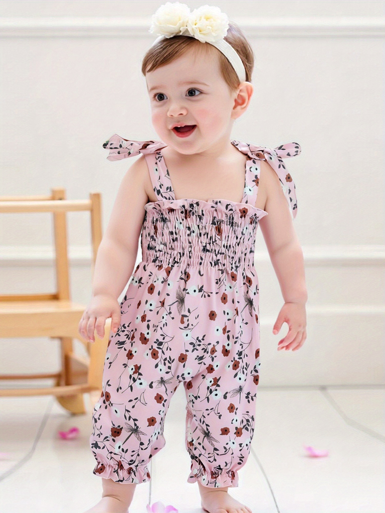 Infant Baby Girl Floral Romper Sleeveless Straps Ruffle Trim Smocked  Jumpsuit Harem Pants Flower Overalls One-Piece Outfit Cute Summer Clthes,  for Out