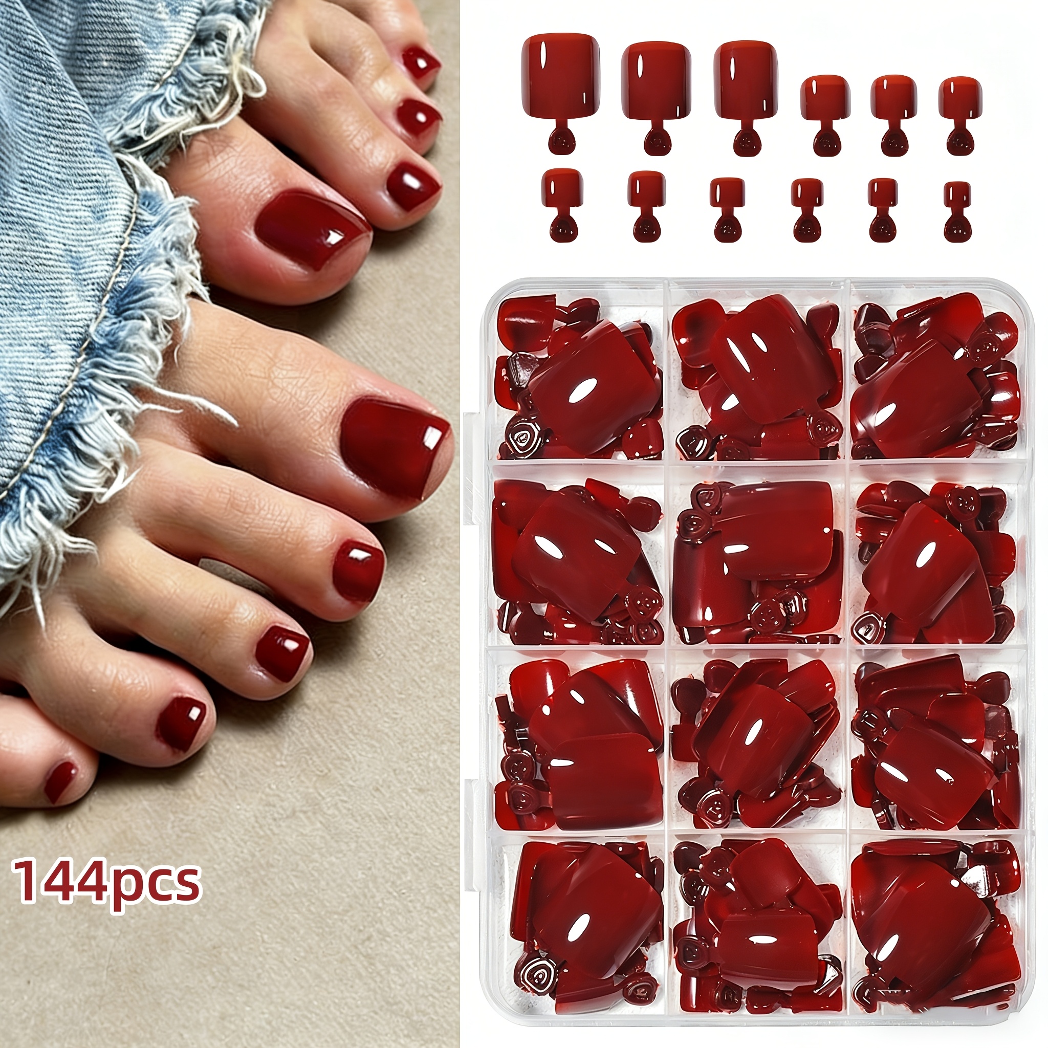 E-shop 144 Stk./Box Burgunder Kurze Nagelkunst Zehennägel, Rote Aufdrück-Nagel Zehennägel Lieferant, Kurze Quadratische Fake Zehennägel Acryl Pediküre