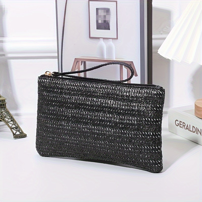 

Women's Casual Straw Woven Clutch Bag With Zipper, Trendy Braided Pouch For Phone, Coins, And Keys, Lightweight Summer Handbag