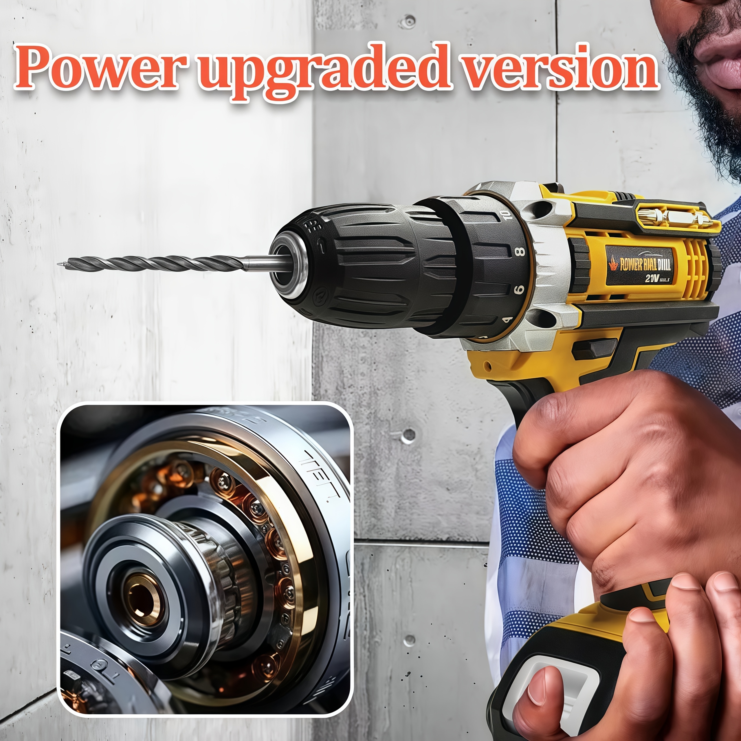 lithium ion cordless drill kit drill set with battery and charger 3 8 inch keyless   variable speed 16 position adjustment and 24 drill bits red yellow blue color scheme ergonomically   household power tool Product details 8