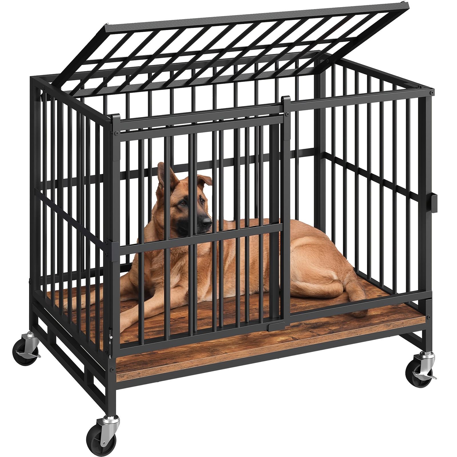 Image of 38.6 Inch Heavy Duty Dog Crate - Collapsible Wooden Pet House With Sliding Barn Door And Wheels - Indoor Pet Furniture For Small, Medium, And Large Dogs - Escape Proof Design