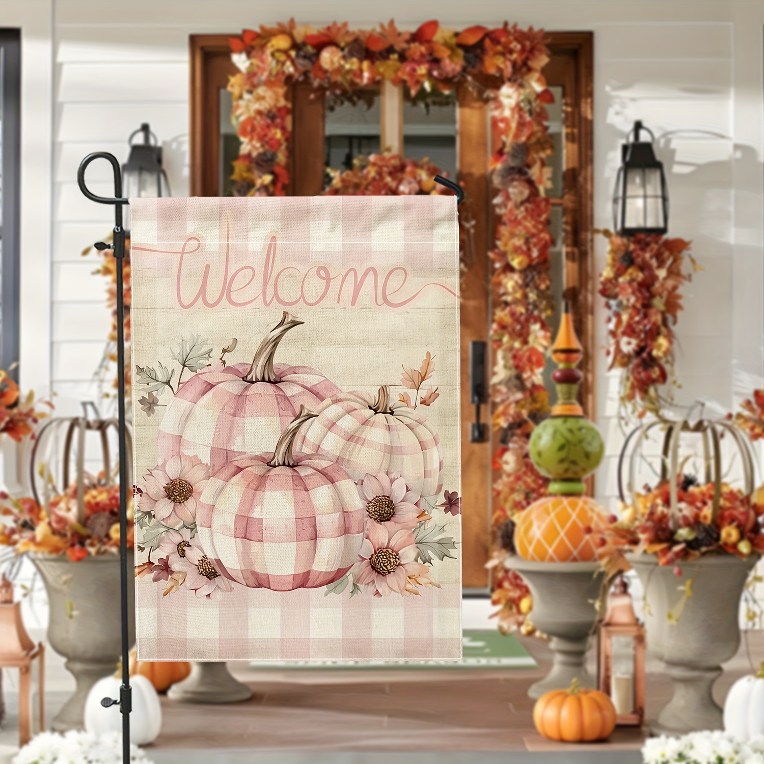 

Charming Double-sided Linen Garden Flag For Fall - Rustic Farmhouse Pumpkin & Floral Design, Light Pink, 12x18 Inches - Perfect For Autumn Porch & Patio Decor