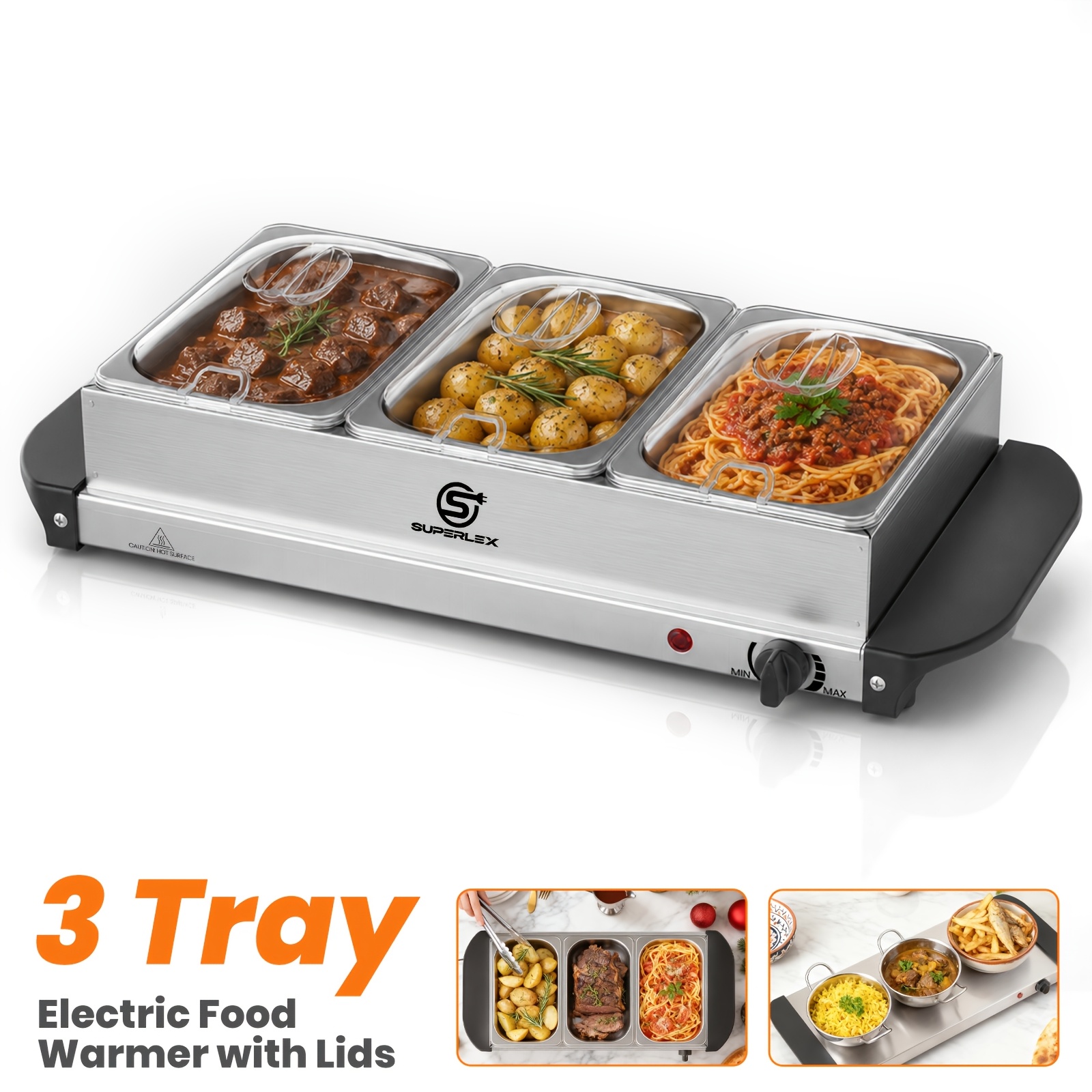 Image of Superlex 3 Tray Food Warmer Buffet Server, 3*1.3l Stainless Steel Buffet Trays With Lids, Adjustable Temperature Control, Portable Buffet Warmer For Home, Party, Catering & Kitchen