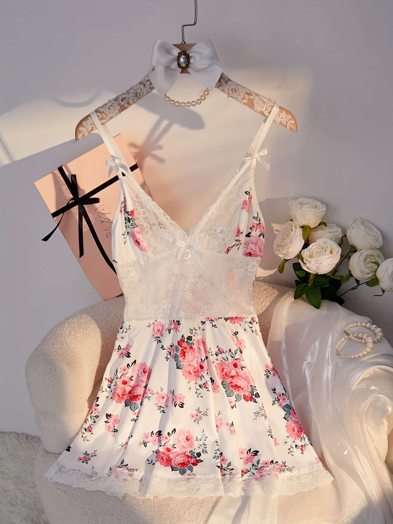 Floral Lace Babydoll Dress, Cream