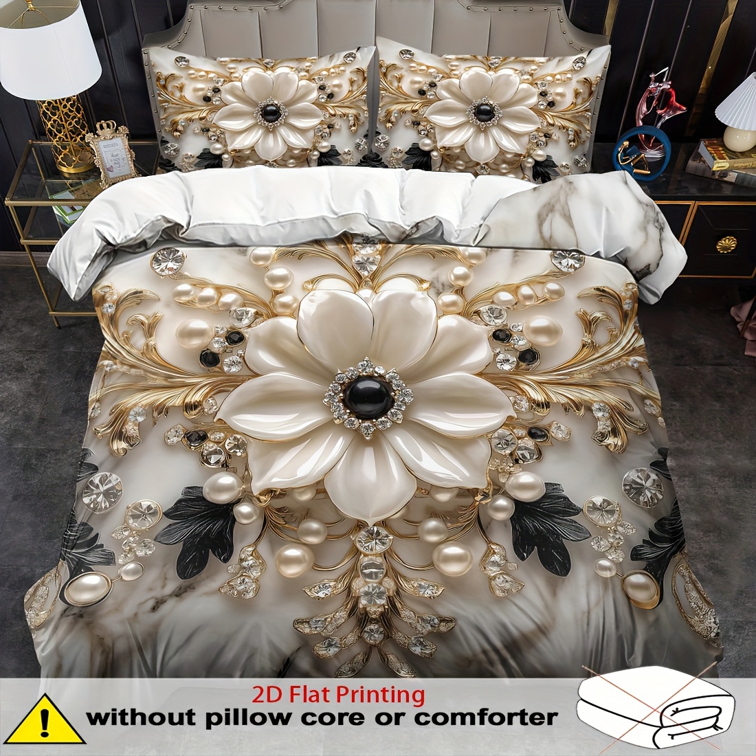 E-shop 2D Flachdruck 2/3-teiliges Bettbezug-Set Relief Perlenblumen-Druck Bettbezug-Set King Bettwäsche Polyester Maschinenwaschbar Quilt Dekoration