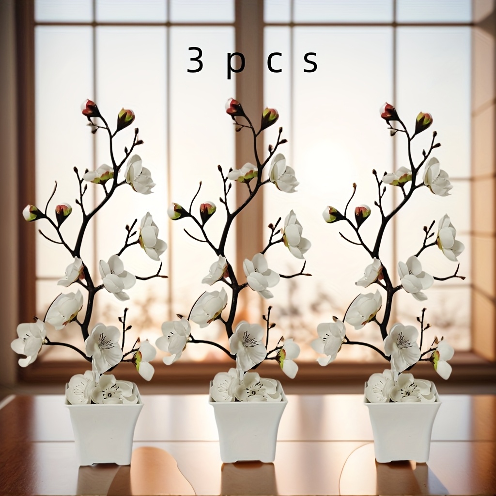 Image of 3 Sets Of Simulated Flower Pot Sets, Simulated Plum Bonsai, Including Flower Pots, Home Decoration
