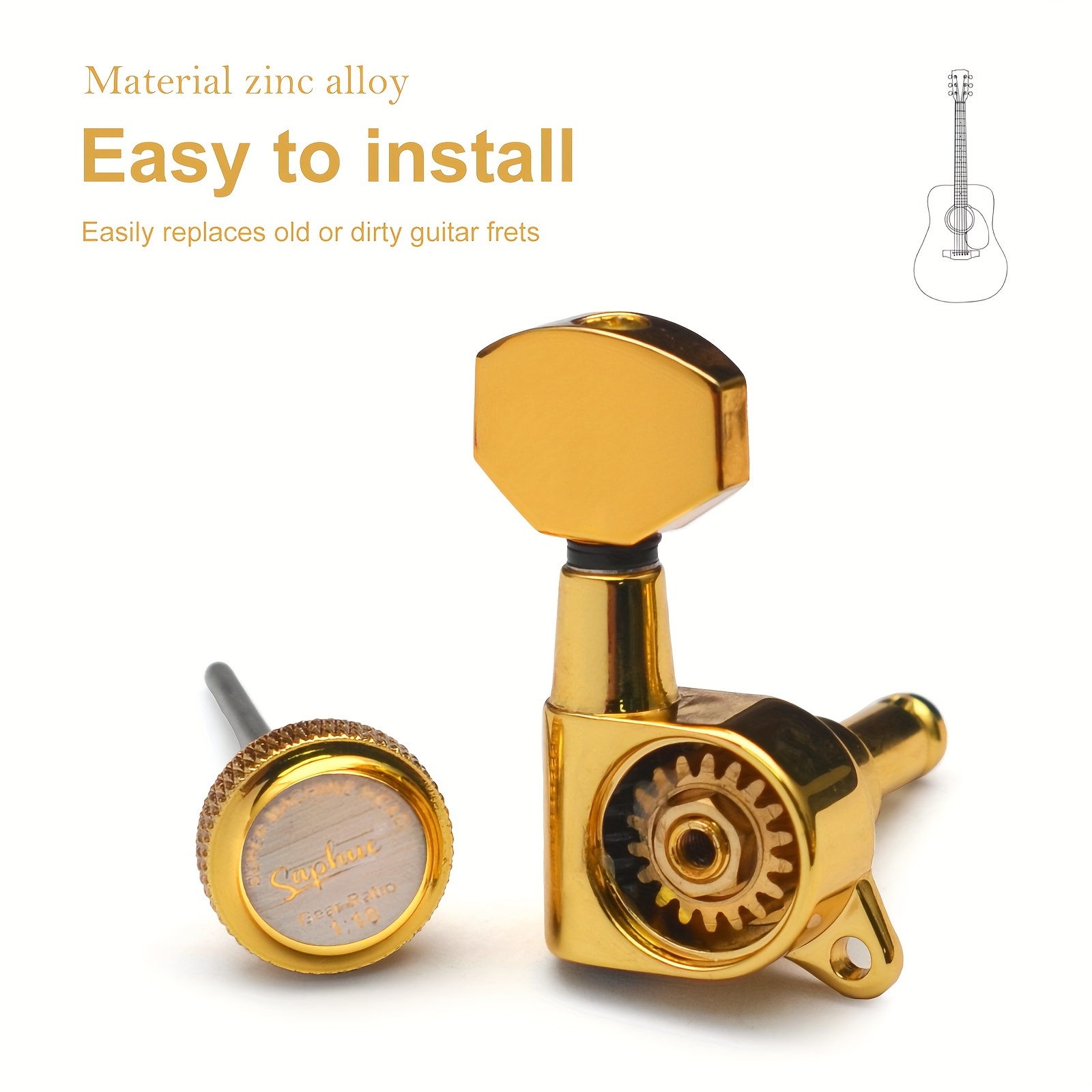 [SAPHUE Guitar Locking Tuners] SAPHUE 6pcs Guitar Locking Tuners | 1:18 Lock String Tuning Key Pegs Machine Head with Hexagonal Handle Replacement for Electric Folk or Acoustic Guitars - Black/Golden/Chrome