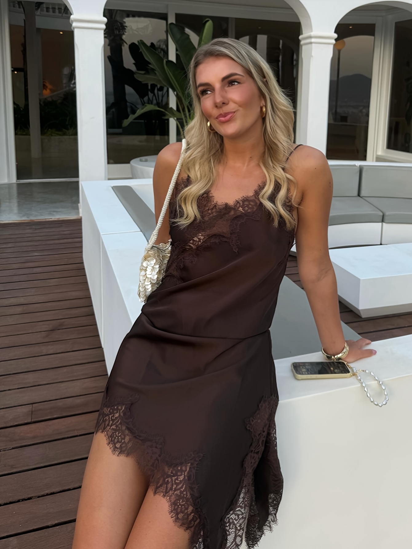 asymmetrical womens dress brown lace slip dress sleeveless - Temu Bahrain