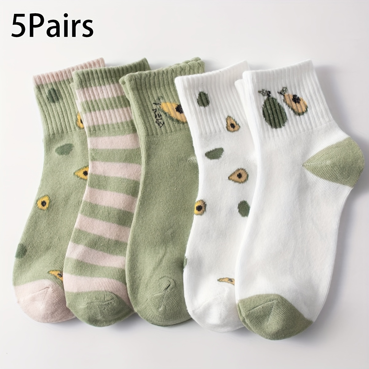 

5 Pairs Cute Avocado Socks, Cute & Breathable Mid Tube Socks, Women's Stockings & Hosiery