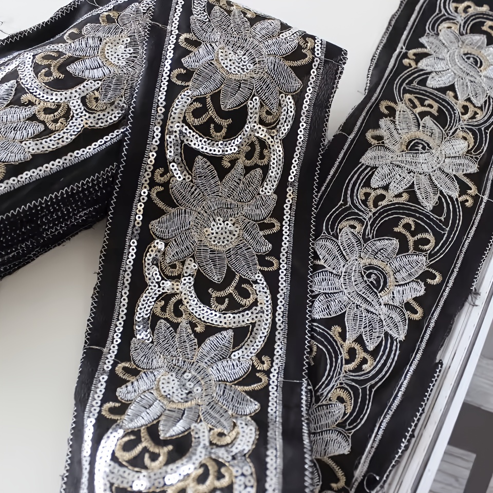 TEMU Vintage Flower Embroidery Lace Trim, Sequined Decorative Sewing Ribbon Tape, Bohemian Applique Supply For Ethnic Costume, Dresses, Curtains,