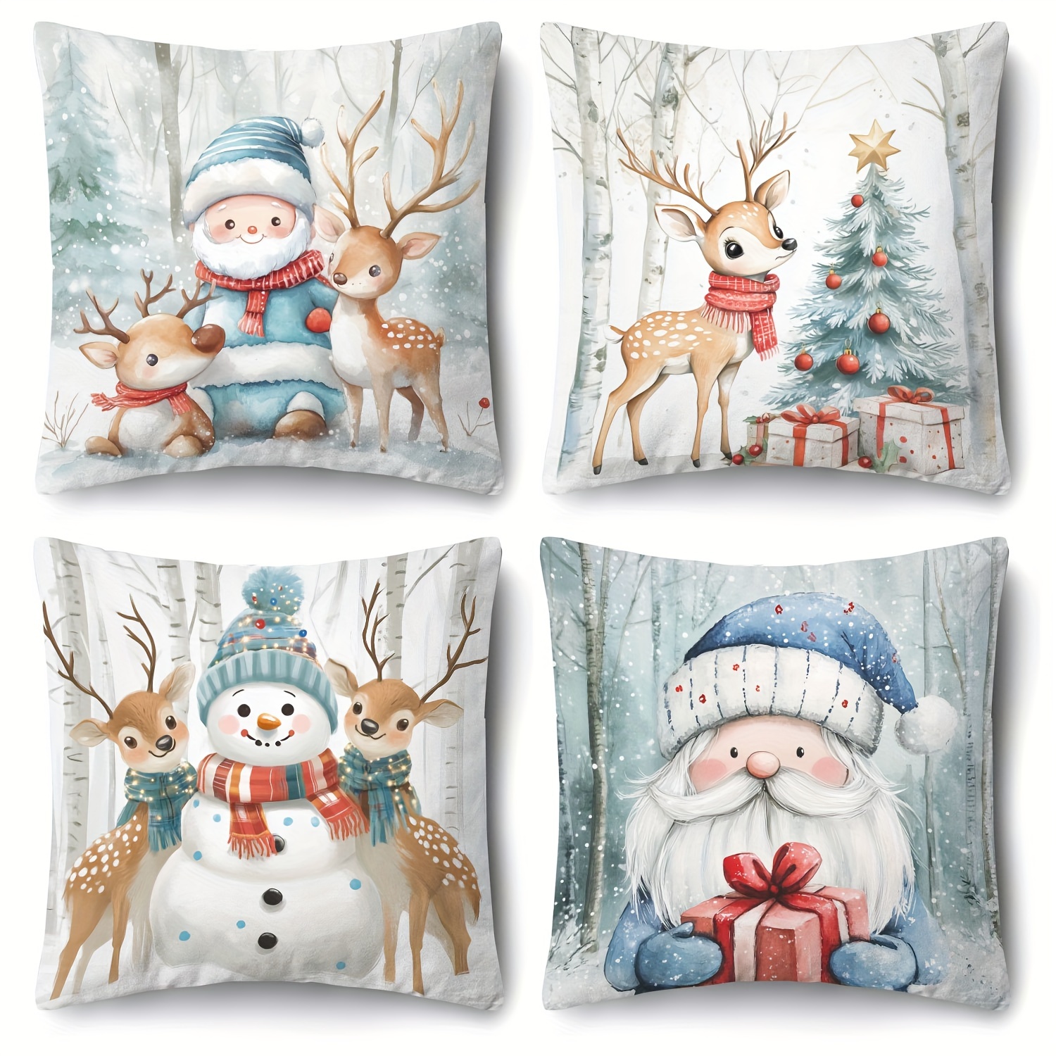 

4pcs Christmas Set, 18 , , Printed Santa, , Snowman, & Dwarf , Washable, Zippered , , , For , , Sofa Decor