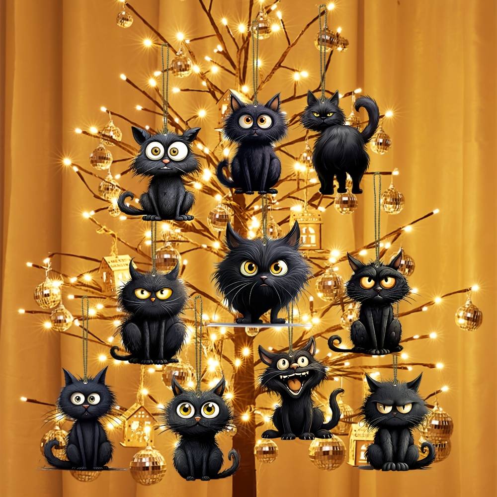 

10pcs Black Cat Christmas Ornaments - Handmade Wooden Hanging Decorations With 2d Cartoon Faces, Or Festive Home Decor, Decor | | Wooden Ornaments, Cat Themed Gifts