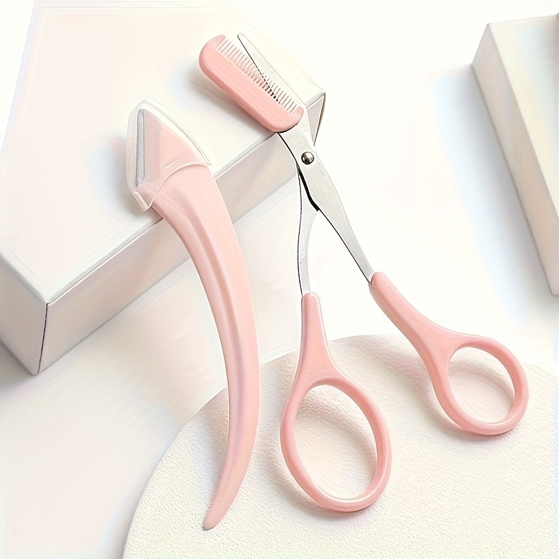 Image of 2pcs Set Premium Eyebrow Trimmer Scissors Set, Curved Eyebrow Razor Eyebrow Scissors With Comb Trimming Take It Anywhere For Beginners