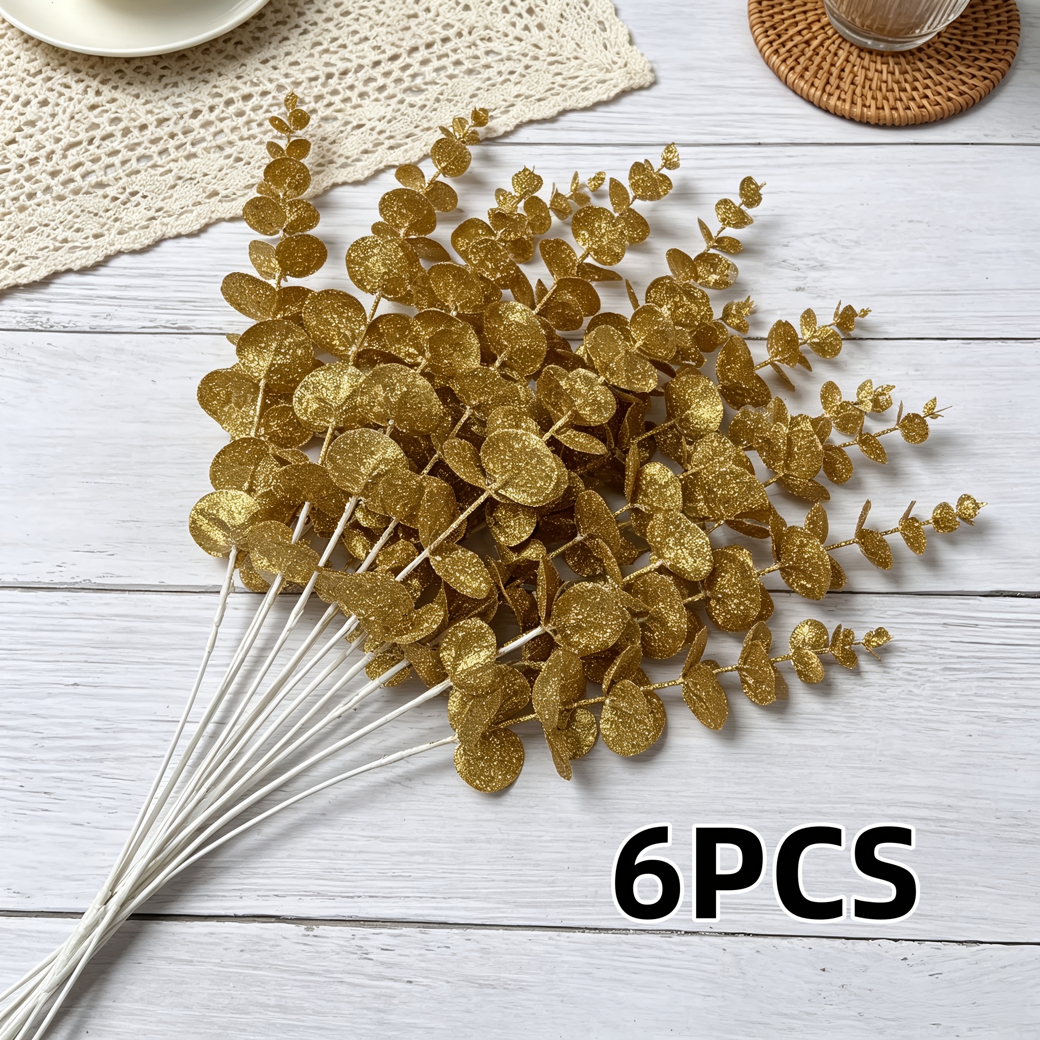 TEMU 6pcs Christmas Decorations - Realistic Single Branch Of Fine Golden Eucalyptus - Floral Arrangement, Suitable For Autumn Winter Theme Floral