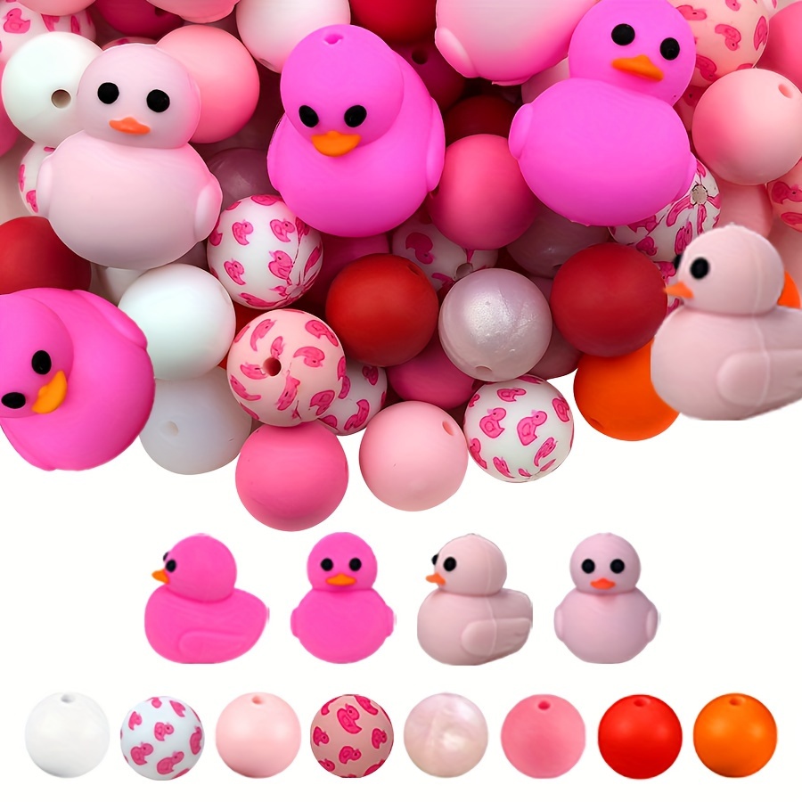 

44 Pcs Silicone Beads In Pink, White, And Red - 3d Duck And Heart Shapes - Perfect For Diy Decorations, Jewelry Making, And Keychains