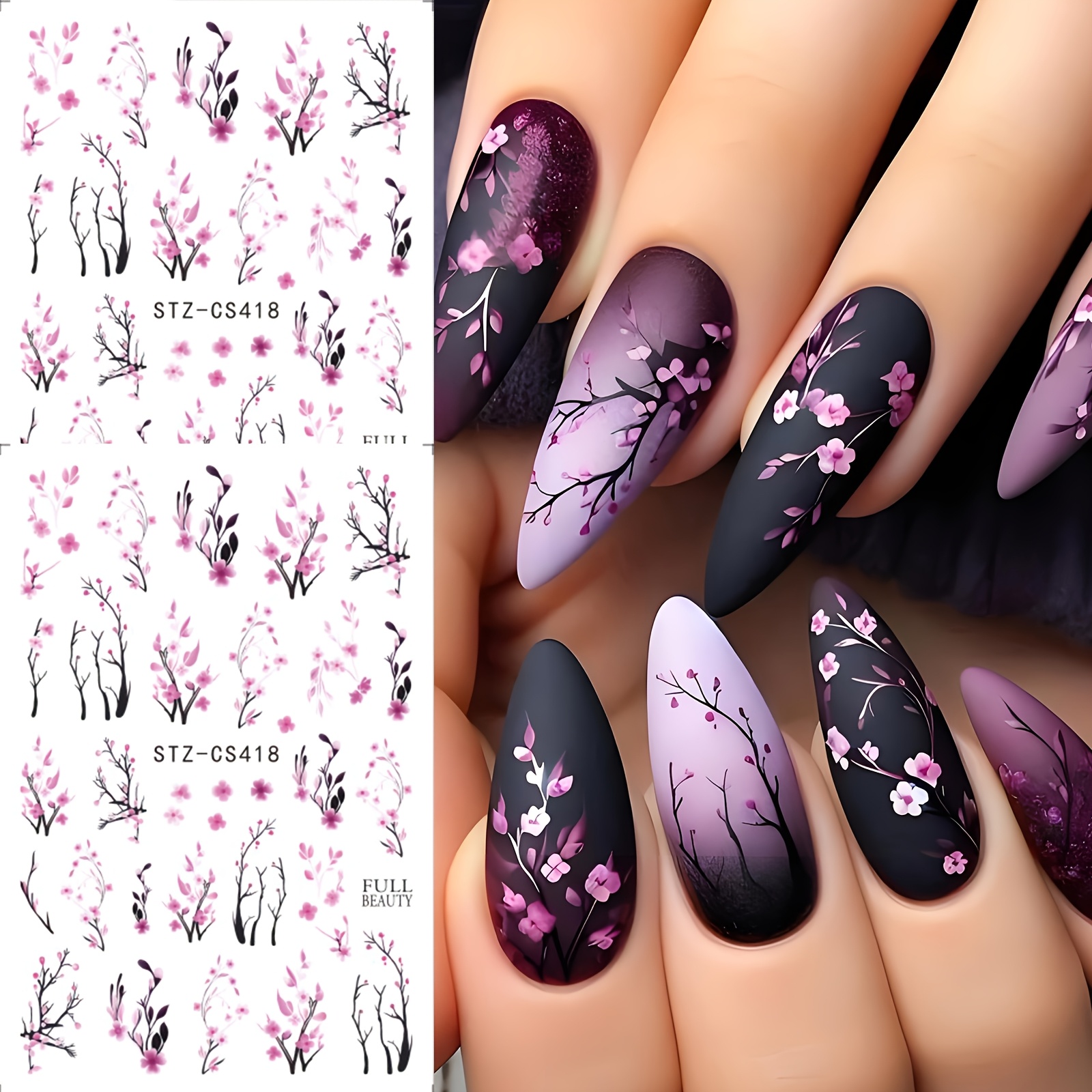 TEMU 2pcs Cherry Branch Nail Stickers, Watercolor Pink Purple Floral Nail Decals With Sakura Plum Flower Twigs, Petal Nails Decorations For Manicure