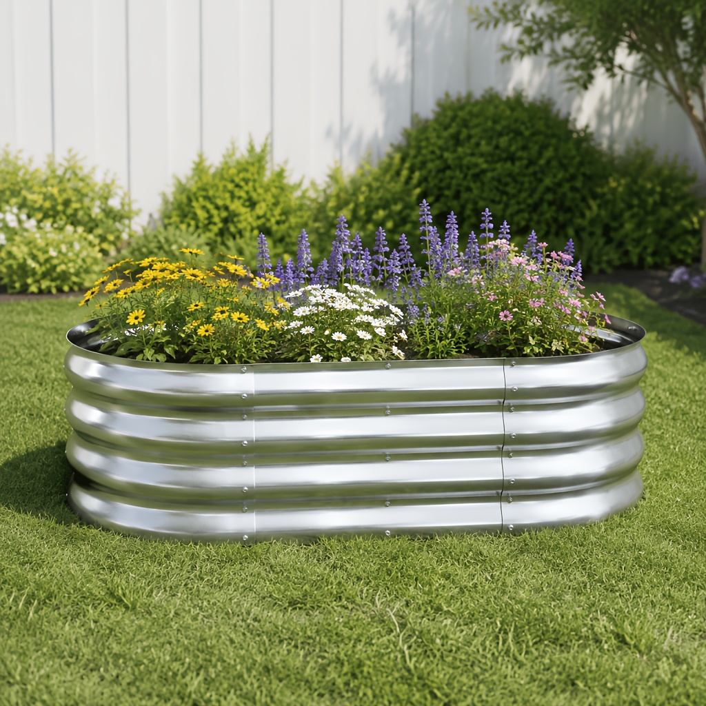 Galvanized Raised Garden Bed, Oval Metal Planter Box With Open Bottom & Safe Edges, Rust-resistant Outdoor Planter For Vegetables, Flowers & Herbs