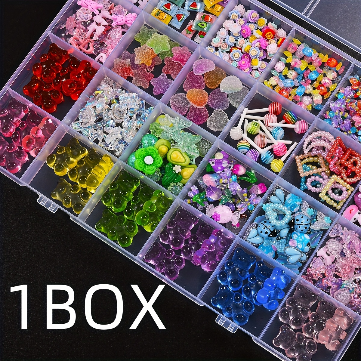 TEMU A Box Filled With Beautiful 3d Nail Decorations In 24 Compartments - Featuring Vibrant Resin Charms Like Cute , Delicate Butterflies, Lovely Hearts, And Star-shaped Gummy Sweets