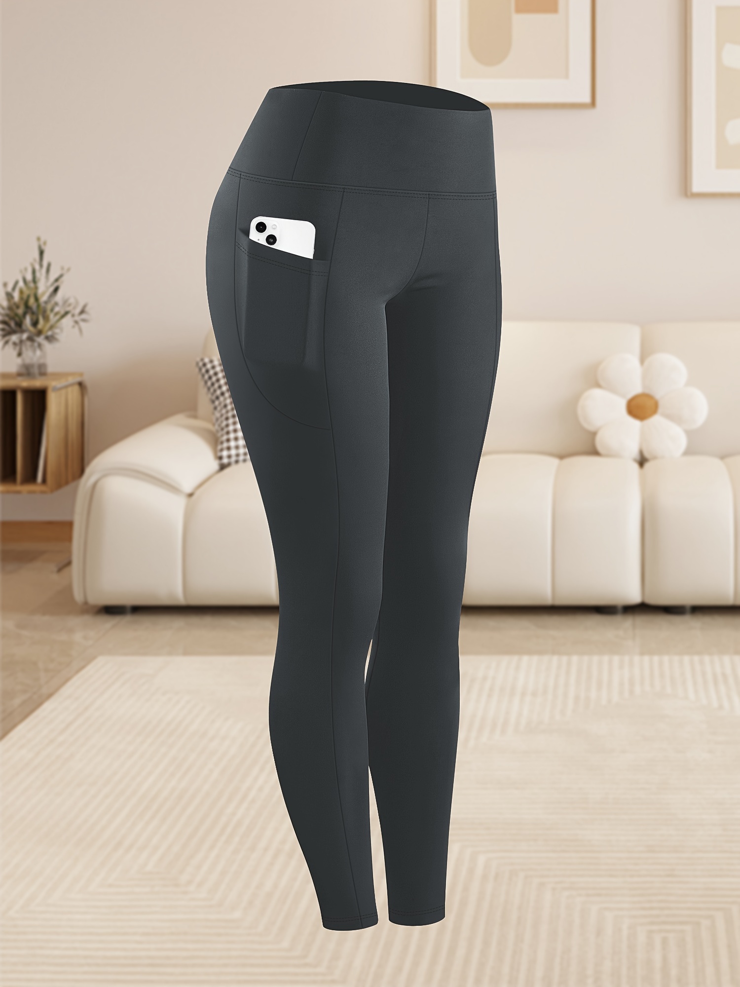 Women'S Plus Size High Waist Tummy Control Leggings with Pockets, 88% Polyester 12% Elastane, Skinny Fit, Solid Color, Knit Fabric, 200g/m², All Season Athletic Yoga Pants for Running & Fitness