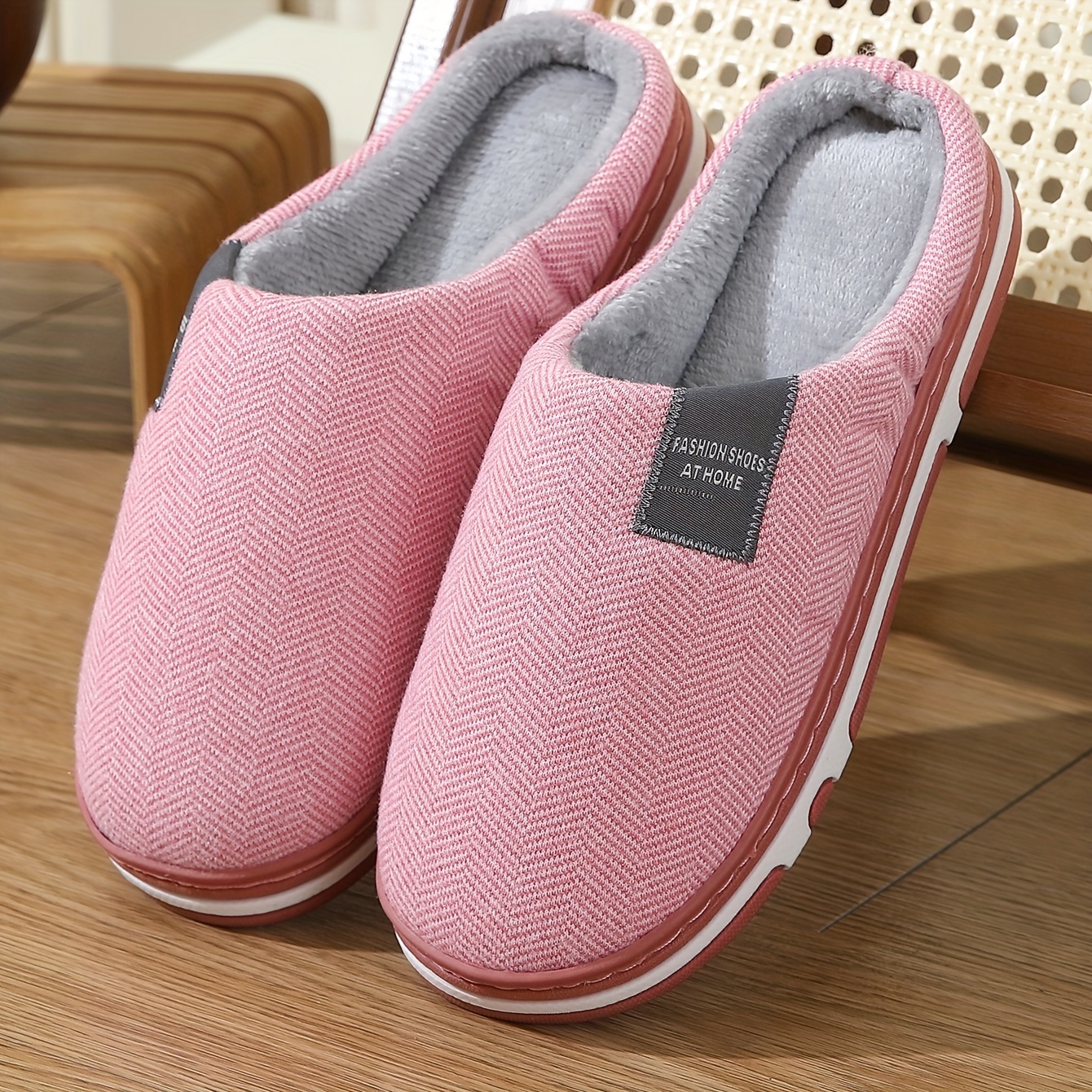 Herringbone Pattern Pink Trendy, Comfortable Flat Sole Slippers With Thick Plush Lining For A Cozy And Experience, Women Shoes