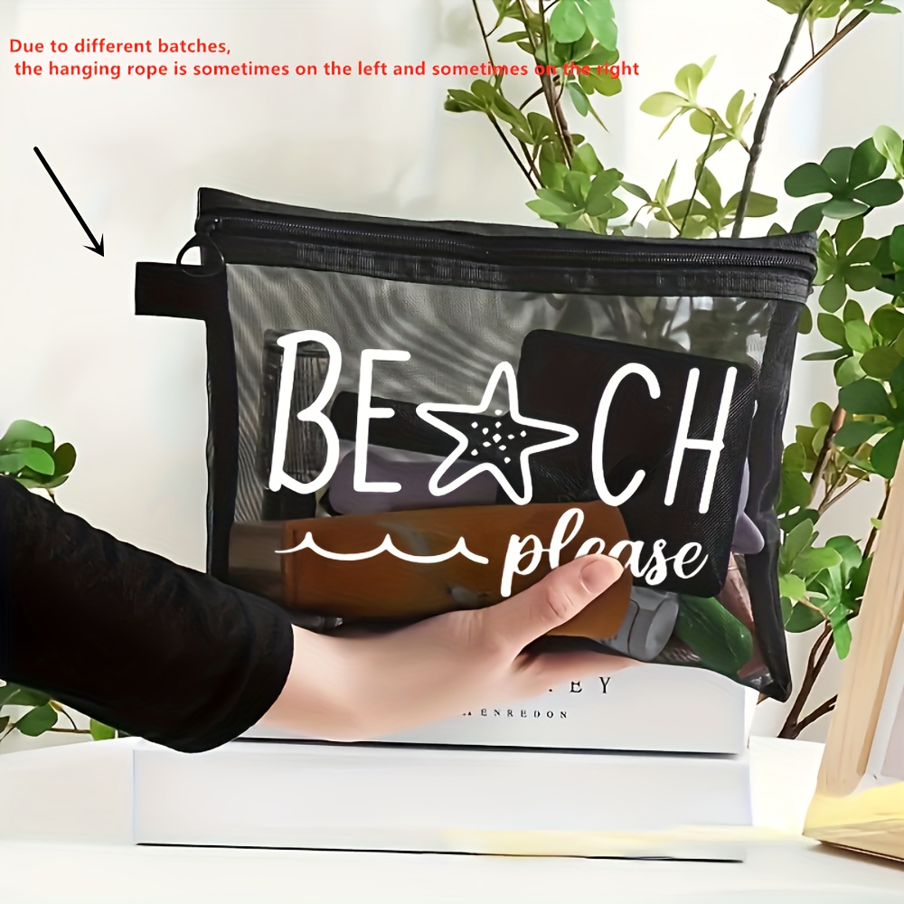 E-shop Schwarzes Strand-bedrucktes Mesh-Make-up-Etui – Atmungsaktiver Nylon-Kosmetik-Organizer mit tropischem Seestern-Design „“-Text, leichte