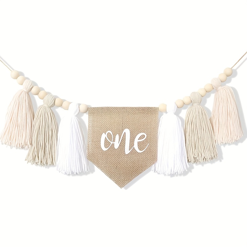 Image of 1 Khaki High Chair Banner, Brown Tassel Garland, Bohemian 1st Birthday High Chair Tassel Decoration Cake Decoration, Tassel High Chair Decoration Photo Backdrop (white)