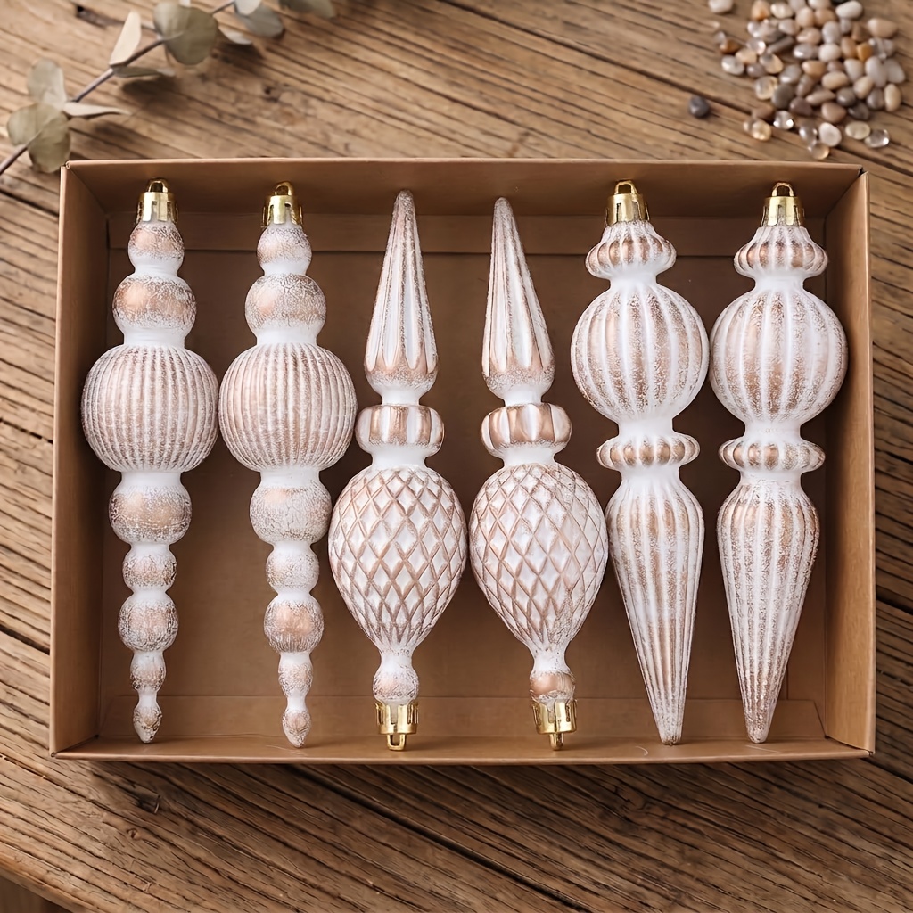 TEMU Of 6pcs 16cm 6.3 Inch Retro Shaped Christmas Ornaments Balls Set Distressed End Box Packed Xmas Tree Hanging Pendants Shopping Mall Window