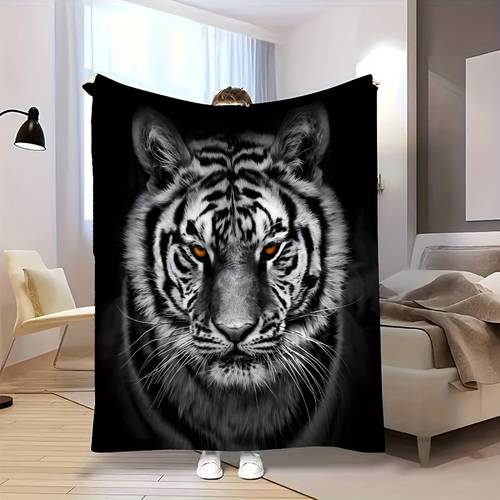Artikelbild 2d-flachdecke, bedruckte 1-tlg. schwarze flanelldecke mit weißem tigermuster, zeigt einen und individuellen stil. weich und bequem, für zuhause, schlafzimmer, wohnzimmer und sofa. auch eine großartige für alltägliche geschenke. anpassbar an verschiedene outdoor-szenen wie camping und