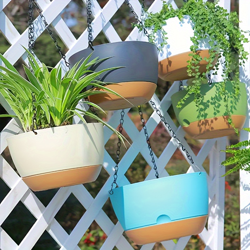 

Self-watering Hanging Planter Baskets With Drainage Holes, Dual Plastic Pots For Indoor Outdoor Garden Decor, Herb Succulent Hanging Pots With Removable Tray And Chains - No Electricity Required.