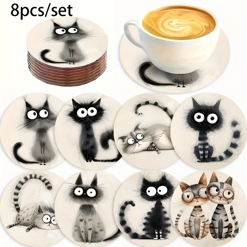 Image of "8 Set Cat Coasters For | Perfect Gift For Cat Owners | Wooden Drink Mats | Non-slip Table Decor | Unique Feline Design Coaster Set"