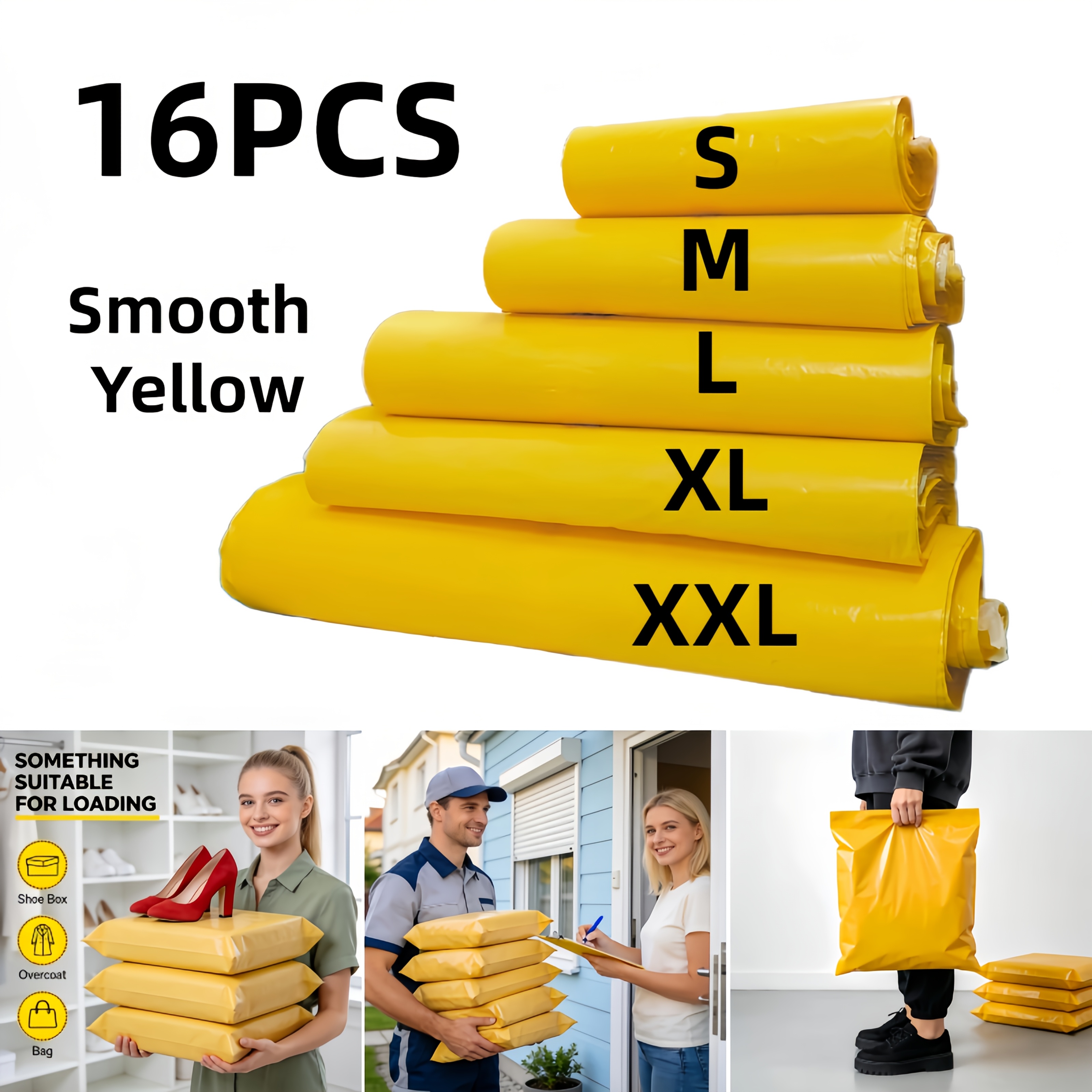 16pcs yellow colored courier bags self seal tape and reinforced heat sealed edges pe   material jumbo size tear resistant and damage proof suitable for large garments bulky goods and bulk shipments