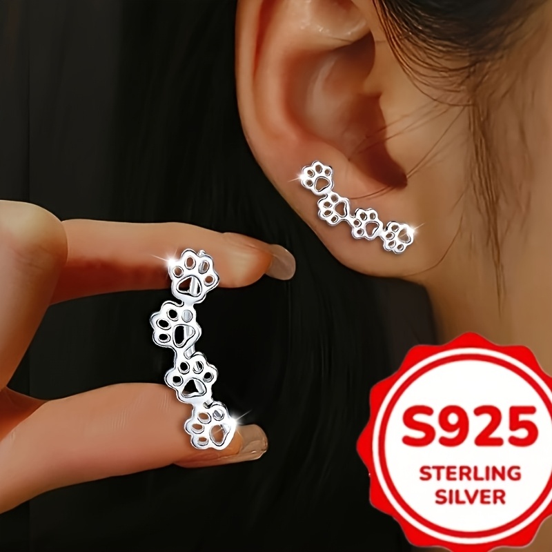 TEMU 1pc A Pair Of Lady's Claw Mark Earrings, Made Of S925 Sterling Silver, Featuring A Cute Animal With 3 Uniquely Welded Prints, Pet Lovers,