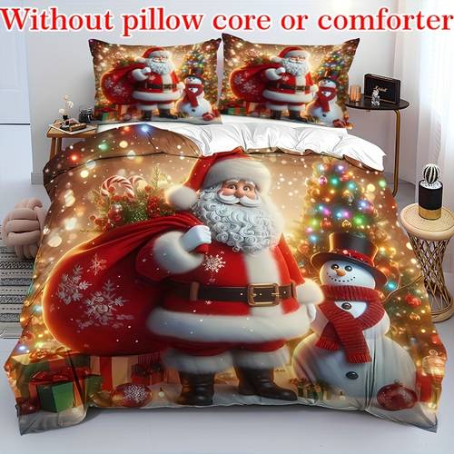 a 3pcs cute christmas themed bedding featuring a santa claus and snowman design 1 duvet cover 2 pillowcases without the insert a neon light printed christmas tree bedding made from ultra soft breathable material