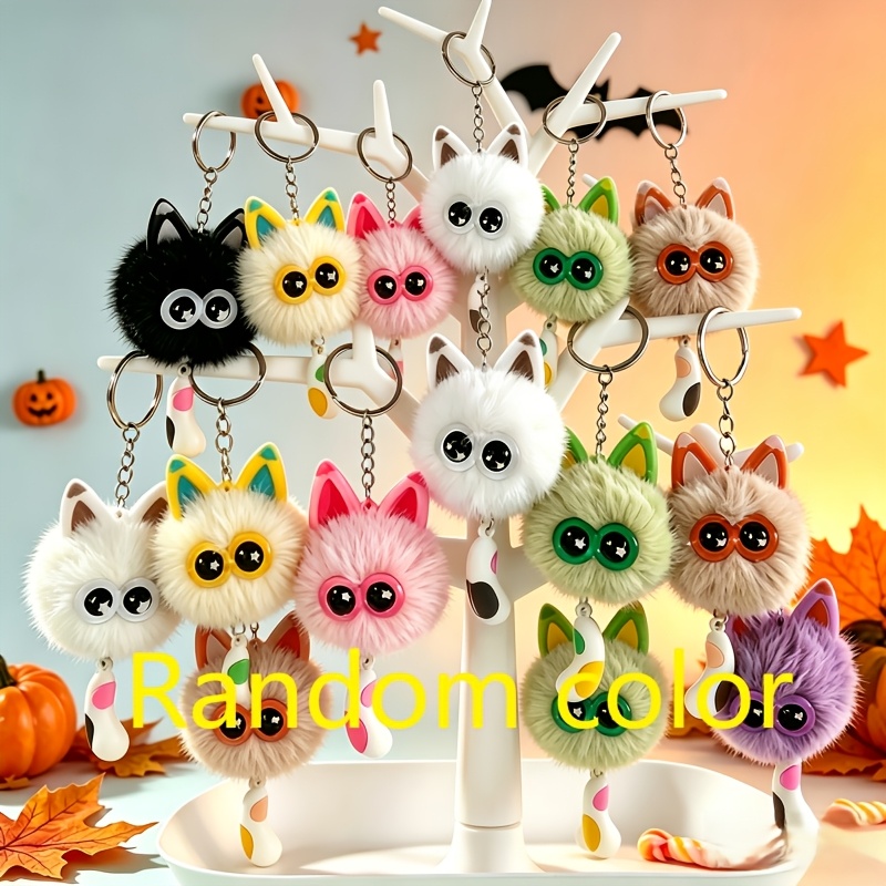 TEMU 16pcs Cute Plush Black Cat Keychains, Cartoon 3d Ball Key Rings, Soft Stuffed Kitty Bag Charms, Halloween Backpack Additions Random Color