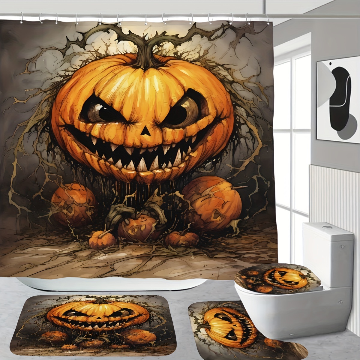 

Spooky Halloween Pumpkin Shower Curtain Set With Toilet Seat Cover, Bath Mat, And 12 Hooks - Perfect For A Frighteningly Festive Bathroom!