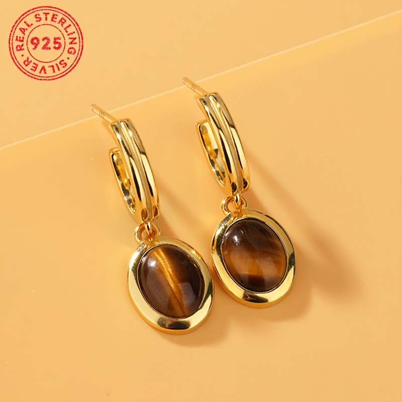 

1 Pair Vintage Boho Style 925 Silver Plated Tiger Eye Stone Drop Earrings, Synthetic Inlay, December Birthstone, Non-feather, Daily & Vacation Wear, Valentine's Day Gift, 2.6g