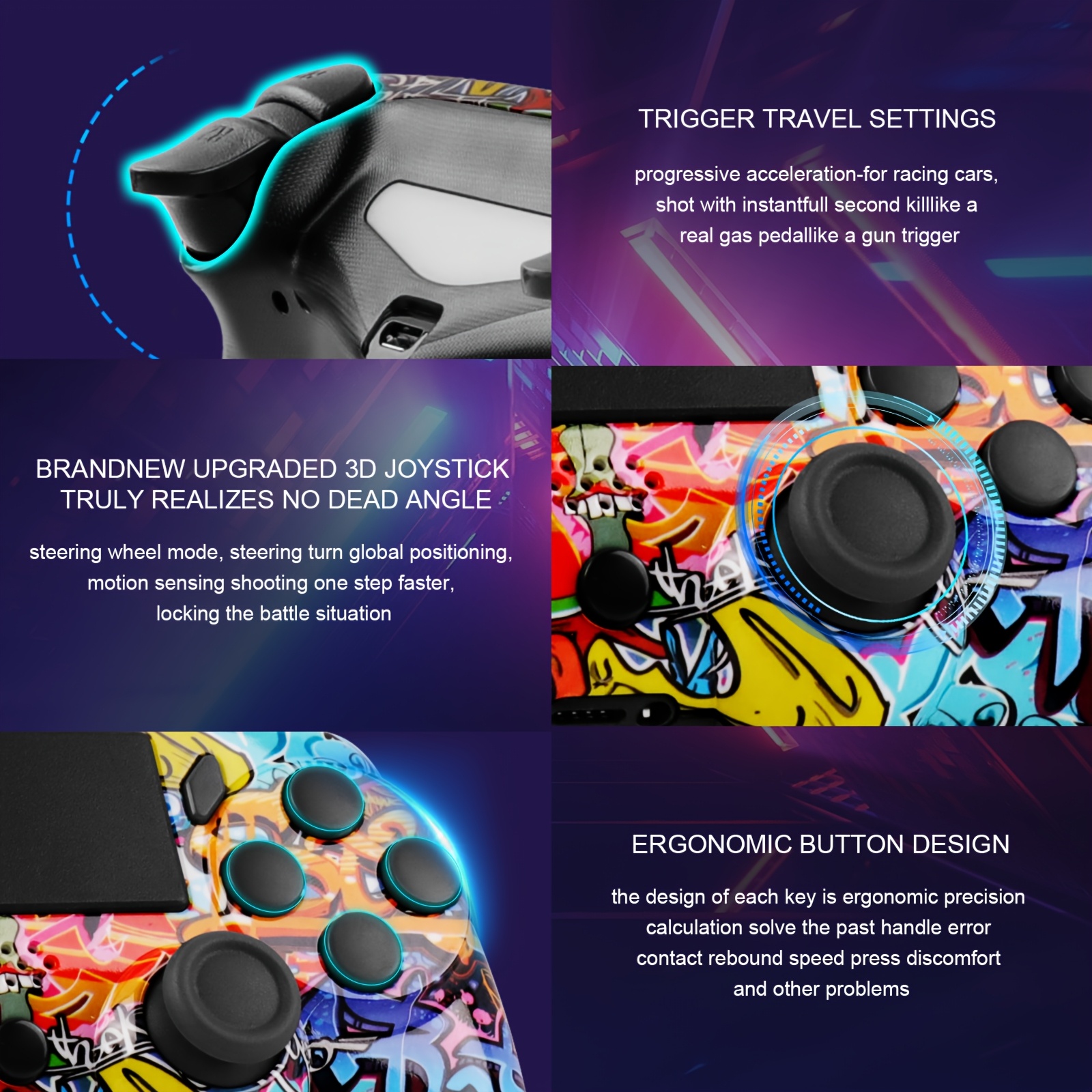 Wireless Game Controller with Graffiti Design, 600mAh Long Battery Life, Wireless, Motion Sensing, Ergonomic Grip for PS3, PS4, PC - Vibrant Colors, Rechargeable Lithium-Polymer Battery, Pc Gaming Peripheral | Vibrant Design | Multifunctional Device