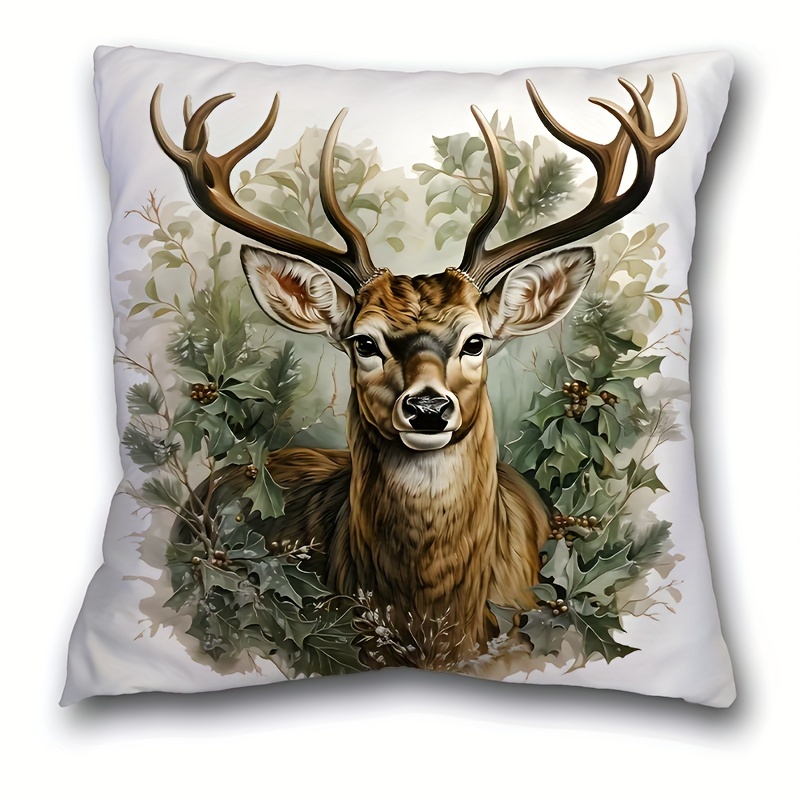 

1pc French Style Deer Pattern Short Plush Pillowcase 17.7"x17.7" - Machine Washable, Zip Closure, Knitted Polyester For Living Room Decor (pillow Core Not Included)