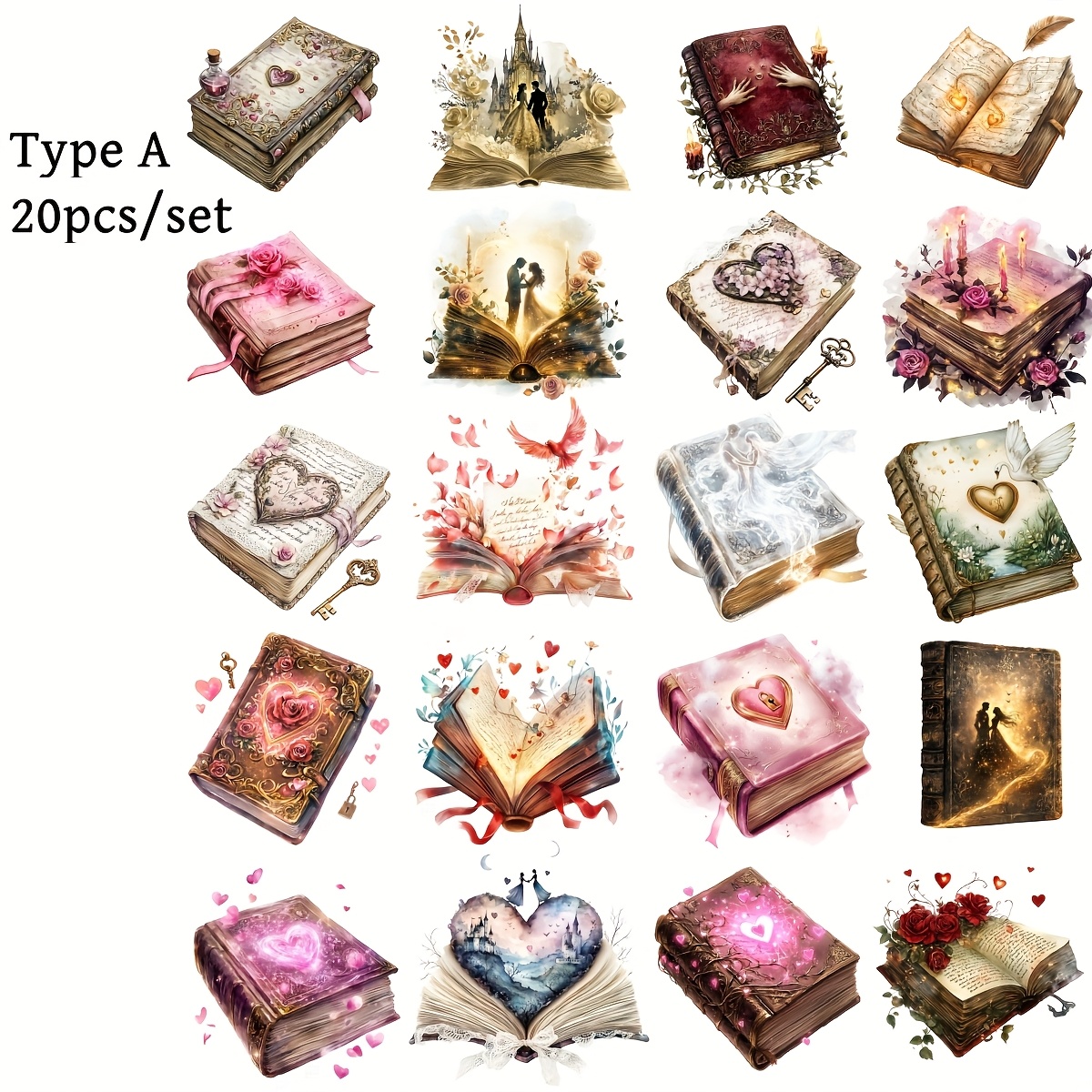 Image of 20pcs/set Handmade Creative Retro Fantasy Books Love Books Magic Storybooks Stickers Suitable For Garbage Diaries Notebooks Scrapbooks Decorative Notebooks Diy Cutting Books Stickers